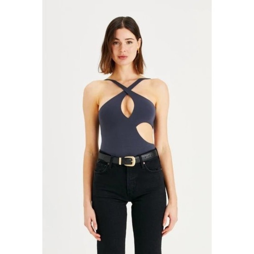 I Am Not Basic Shirt Womens XS Black Natalie Bodysuit Cutout Sleeveless Tank Top